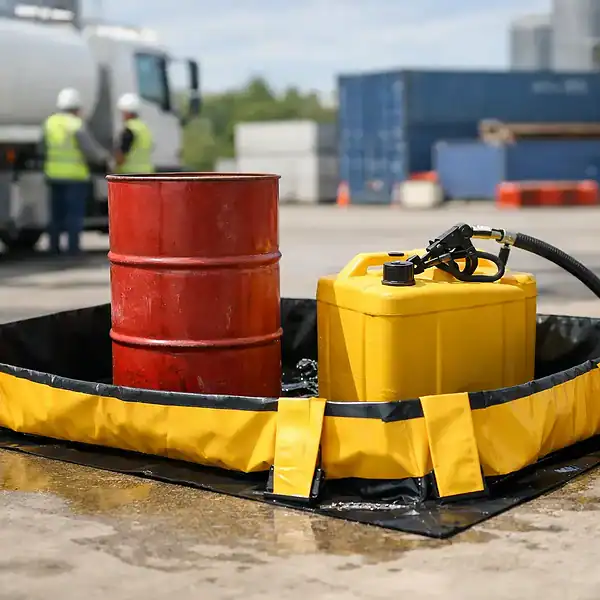 Oil spill containment around a red drum and a yellow fuel can at a construction site, with a yellow and black berm to prevent leaks.