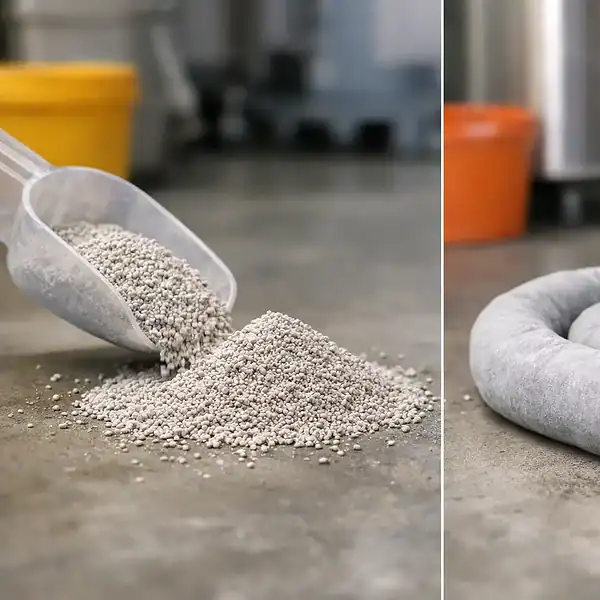 Left: a plastic scoop tipping granular pellets onto a concrete floor in an industrial setting; right: a circular, doughnut-shaped gray fabric cushion resting on the floor.