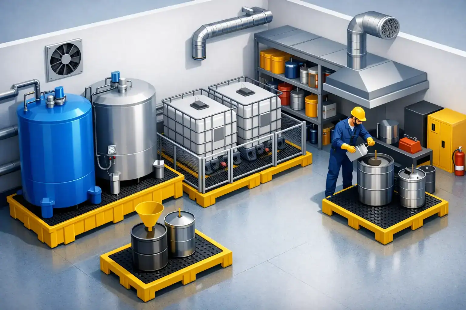 Manufacturing solvent storage example: safer setup | spillmaster. Com. Au