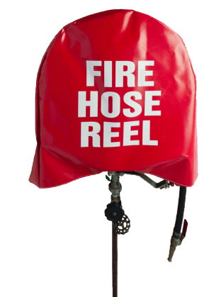 Red protective cover on a fire hose reel labeled 'FIRE HOSE REEL' with the connected outlet and valve visible.
