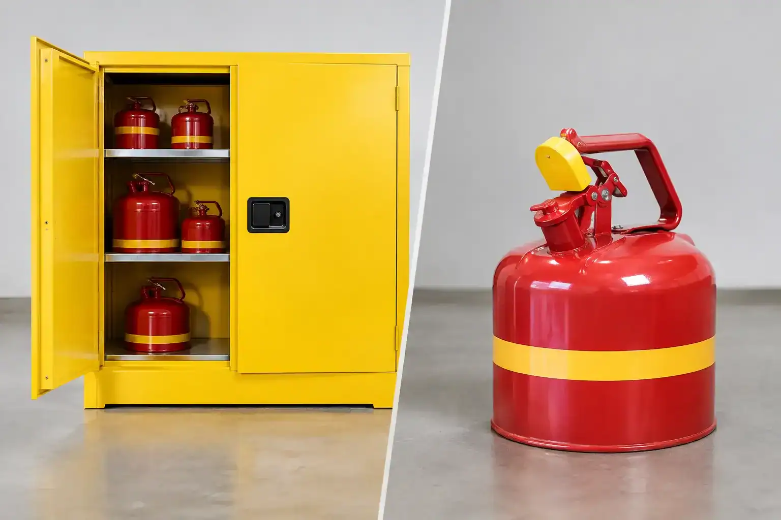 Flammable cabinet versus safety can compared | spillmaster. Com. Au