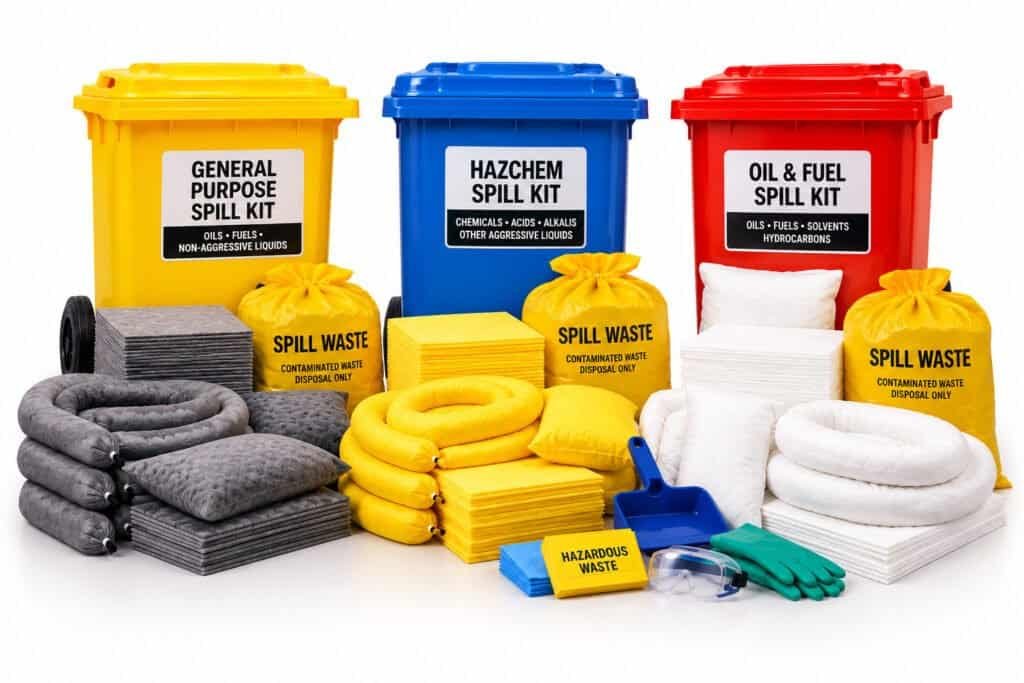 General purpose, hazchem and oil and fuel spill kits with colour-coded absorbents