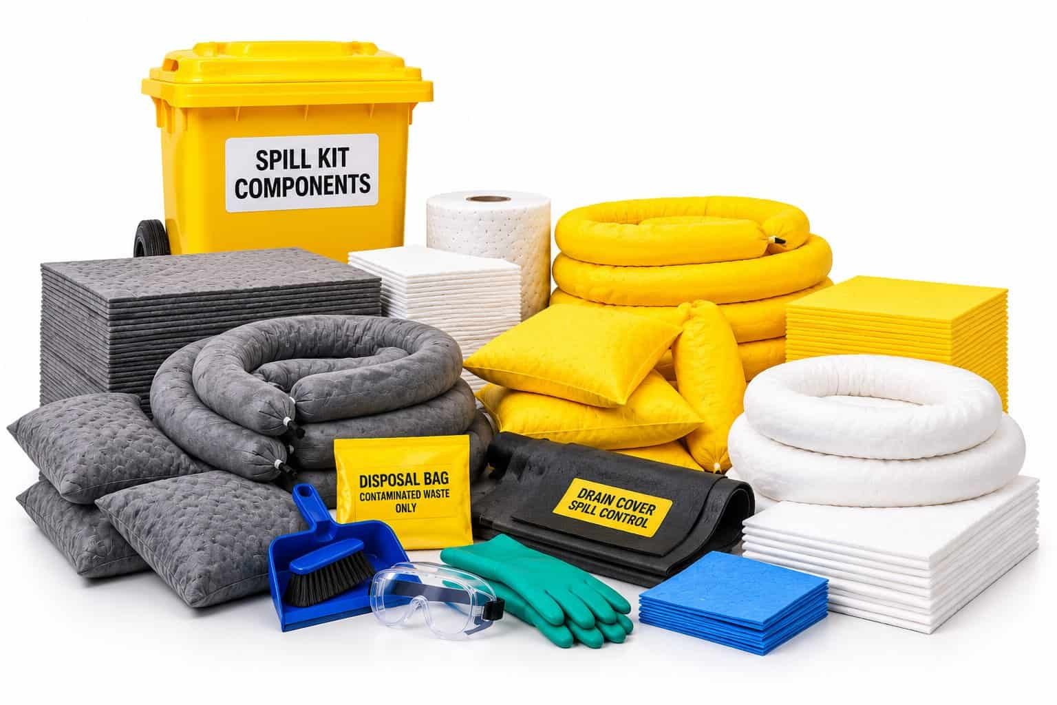 Spill kit components including absorbent pads, rolls, booms, pillows and cleanup accessories